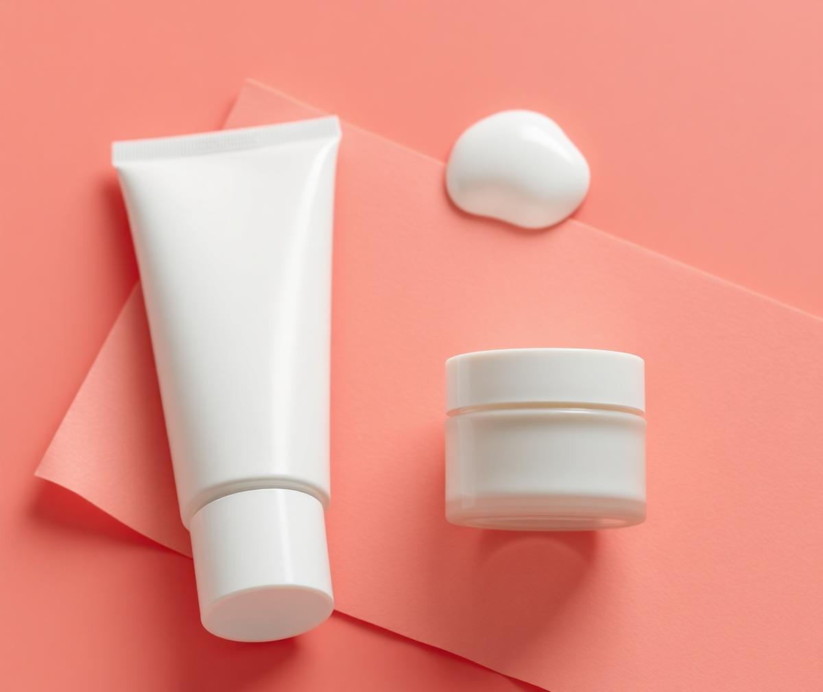 Macro view of an unlabeled compounded topical pain cream tube and jar on a warm coral background